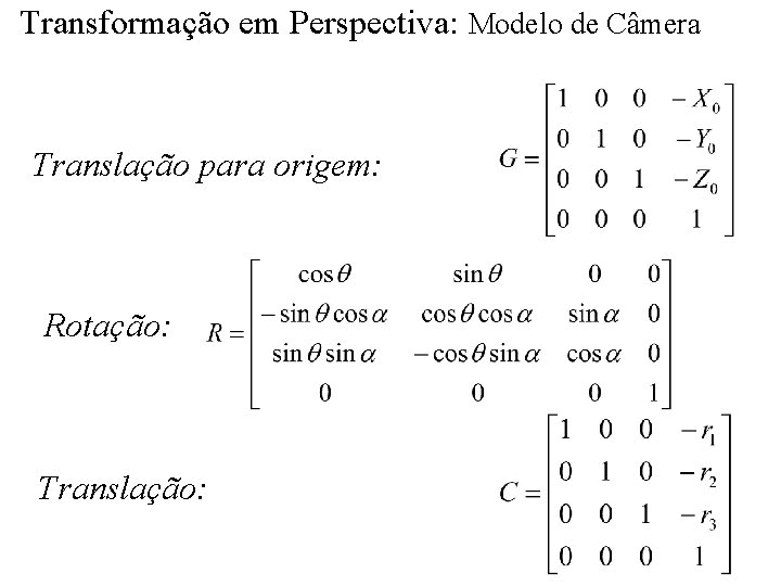 Transformação em Perspectiva: Modelo de Câmera Translação para origem: Rotação: Translação: 