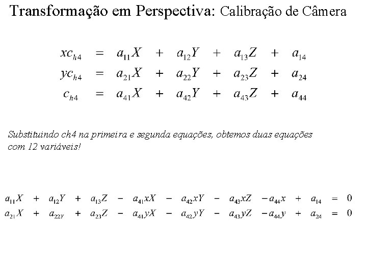 Transformação em Perspectiva: Calibração de Câmera Substituindo ch 4 na primeira e segunda equações,