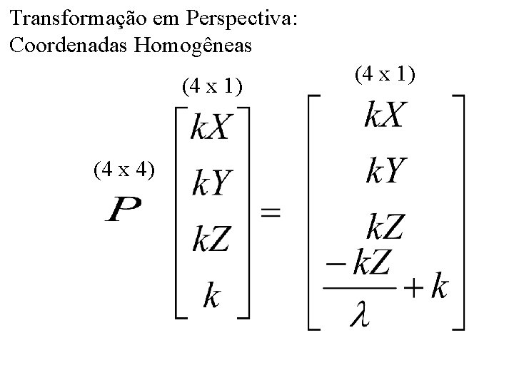 Transformação em Perspectiva: Coordenadas Homogêneas (4 x 1) (4 x 4) (4 x 1)