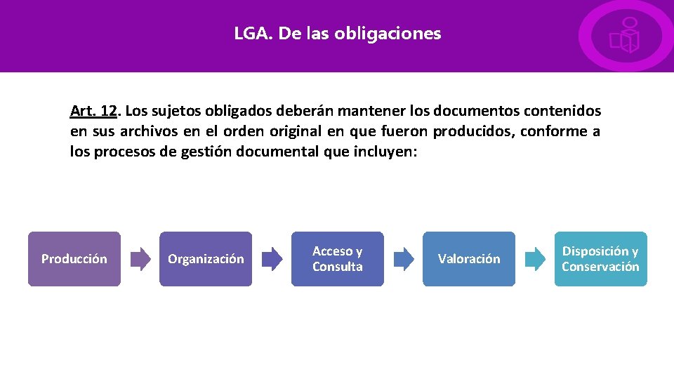 LGA. De las obligaciones Art. 12. Los sujetos obligados deberán mantener los documentos contenidos