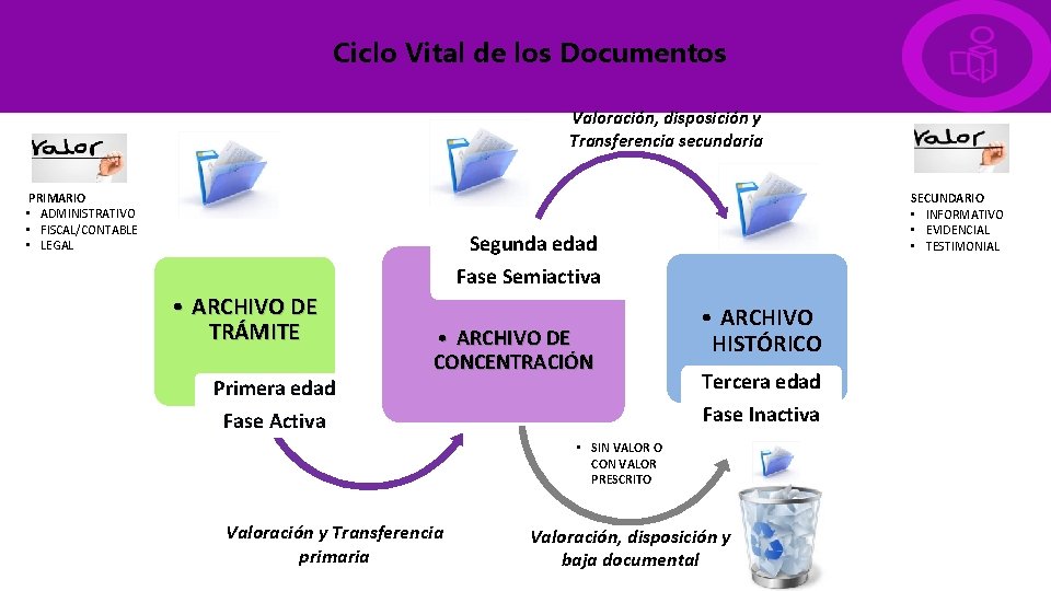 Ciclo Vital de los Documentos Valoración, disposición y Transferencia secundaria PRIMARIO • ADMINISTRATIVO •