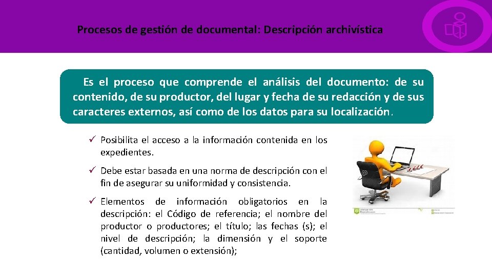 Procesos de gestión de documental: Descripción archivística Es el proceso que comprende el análisis