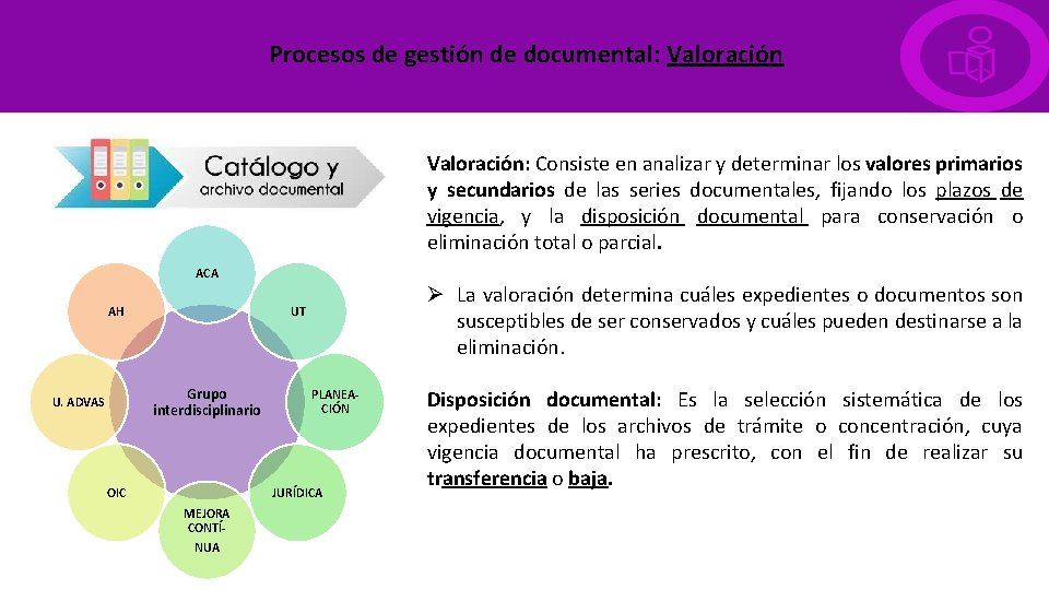 Procesos de gestión de documental: Valoración: Consiste en analizar y determinar los valores primarios