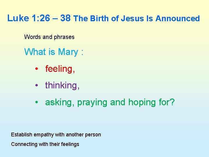 Luke 1: 26 – 38 The Birth of Jesus Is Announced Words and phrases Luke 1: 26 – 38 The Birth of Jesus Is Announced Words and phrases