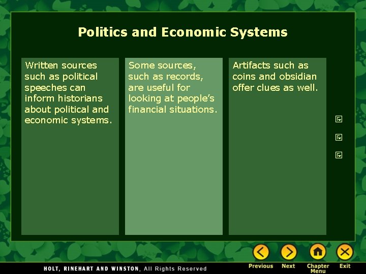 Politics and Economic Systems Written sources such as political speeches can inform historians about