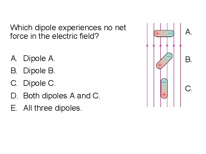 Quick. Check 26. 13 Which dipole experiences no net force in the electric field?