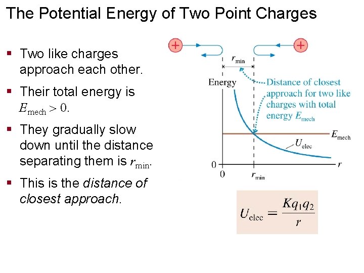 The Potential Energy of Two Point Charges § Two like charges approach each other.