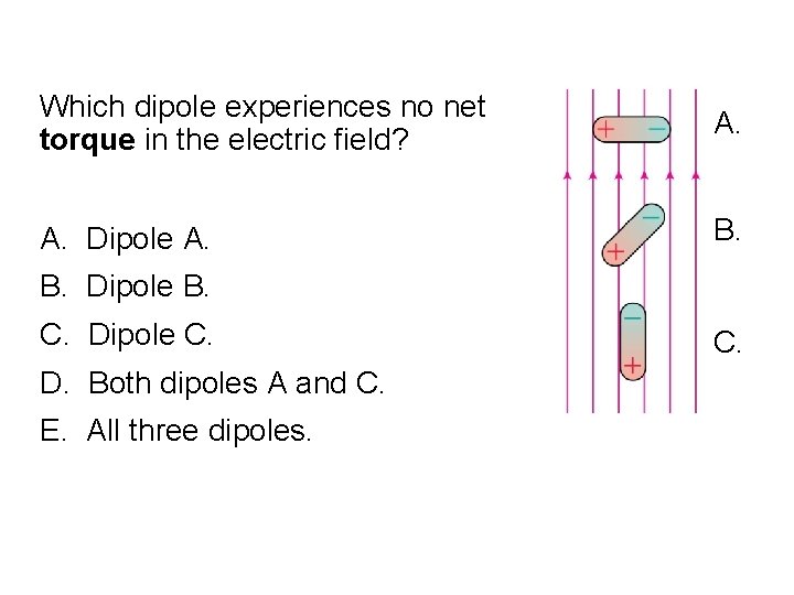 Quick. Check 26. 14 Which dipole experiences no net torque in the electric field?