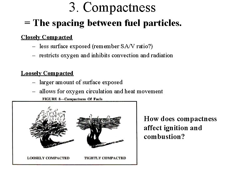 3. Compactness = The spacing between fuel particles. Closely Compacted – less surface exposed