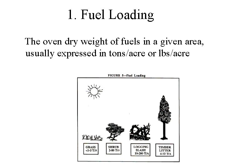 1. Fuel Loading The oven dry weight of fuels in a given area, usually