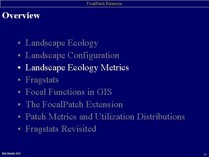 Focal. Patch Extension Overview • • Phil Hurvitz 2002 Landscape Ecology Landscape Configuration Landscape