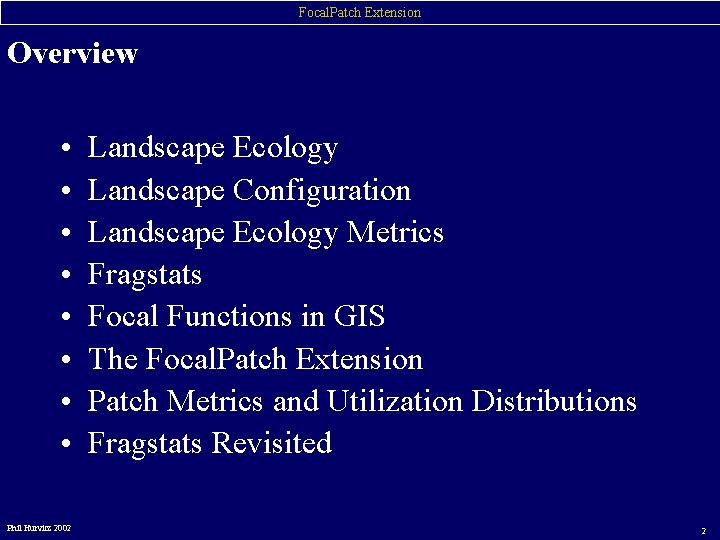 Focal. Patch Extension Overview • • Phil Hurvitz 2002 Landscape Ecology Landscape Configuration Landscape