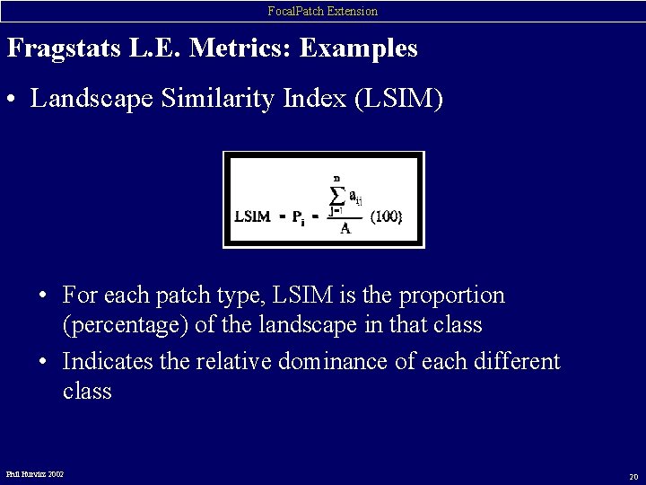 Focal. Patch Extension Fragstats L. E. Metrics: Examples • Landscape Similarity Index (LSIM) •