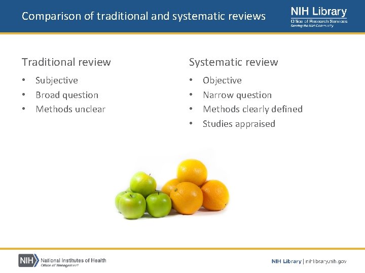 Comparison of traditional and systematic reviews Traditional review Systematic review • Subjective • Broad