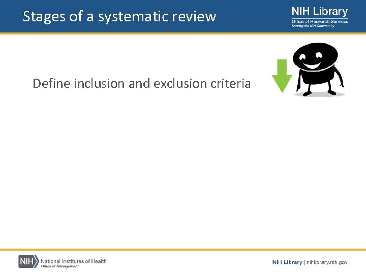 Stages of a systematic review Develop A focused research question Define inclusion and exclusion