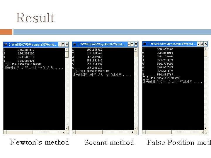 Result Newton`s method Secant method False Position meth 