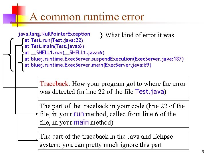 n A common runtime error java. lang. Null. Pointer. Exception } What kind of