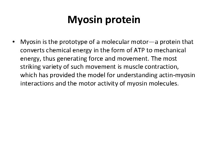 Myosin protein • Myosin is the prototype of a molecular motor—a protein that converts