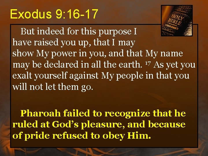 Exodus 9: 16 -17 But indeed for this purpose I have raised you up, Exodus 9: 16 -17 But indeed for this purpose I have raised you up,
