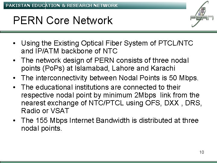 PAKISTAN EDUCATION & RESEARCH NETWORK PERN Core Network • Using the Existing Optical Fiber