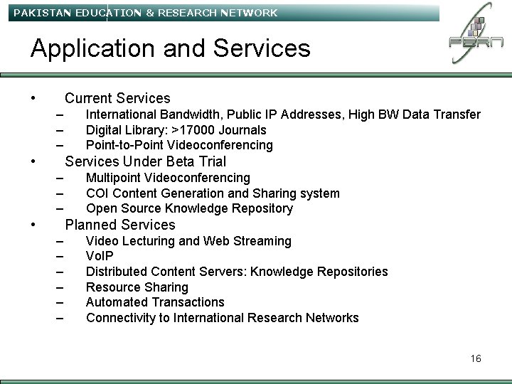 PAKISTAN EDUCATION & RESEARCH NETWORK Application and Services • Current Services – – –