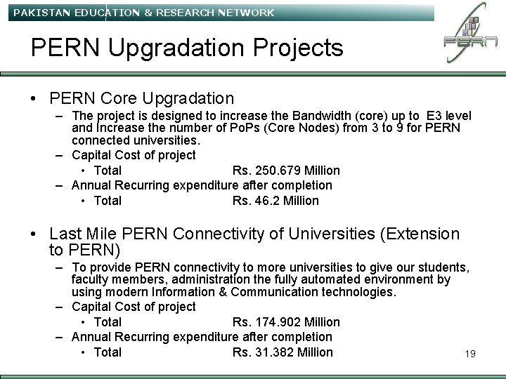 PAKISTAN EDUCATION & RESEARCH NETWORK PERN Upgradation Projects • PERN Core Upgradation – The