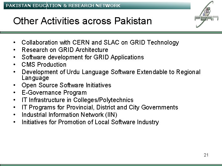 PAKISTAN EDUCATION & RESEARCH NETWORK Other Activities across Pakistan • • • Collaboration with