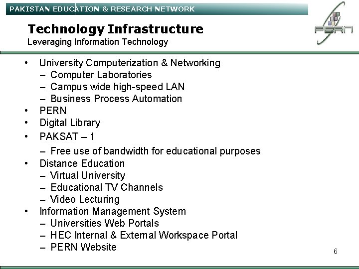 PAKISTAN EDUCATION & RESEARCH NETWORK Technology Infrastructure Leveraging Information Technology • • • University