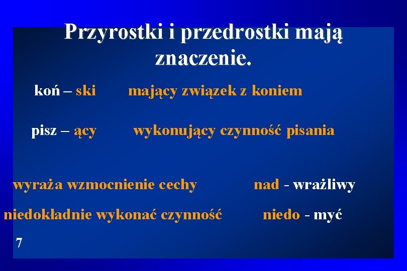 Przyrostki i przedrostki mają znaczenie. koń – ski pisz – ący mający związek z