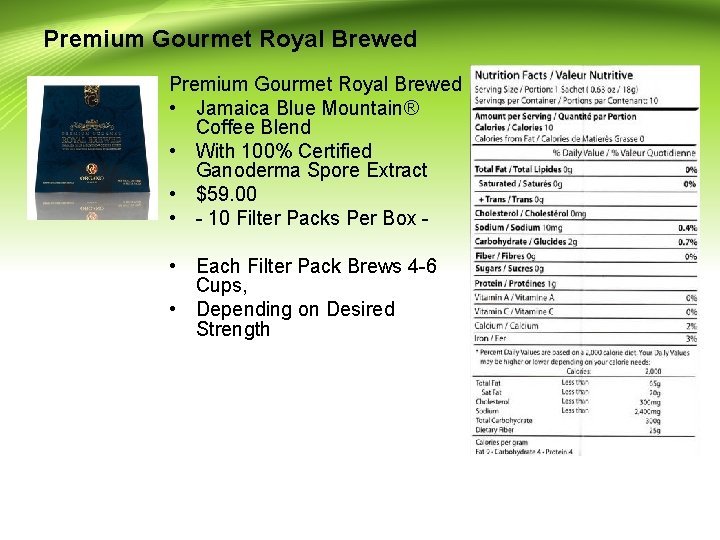 Premium Gourmet Royal Brewed • Jamaica Blue Mountain® Coffee Blend • With 100% Certified