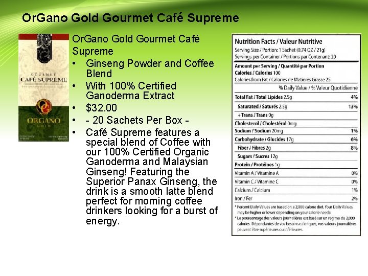 Or. Gano Gold Gourmet Café Supreme • Ginseng Powder and Coffee Blend • With