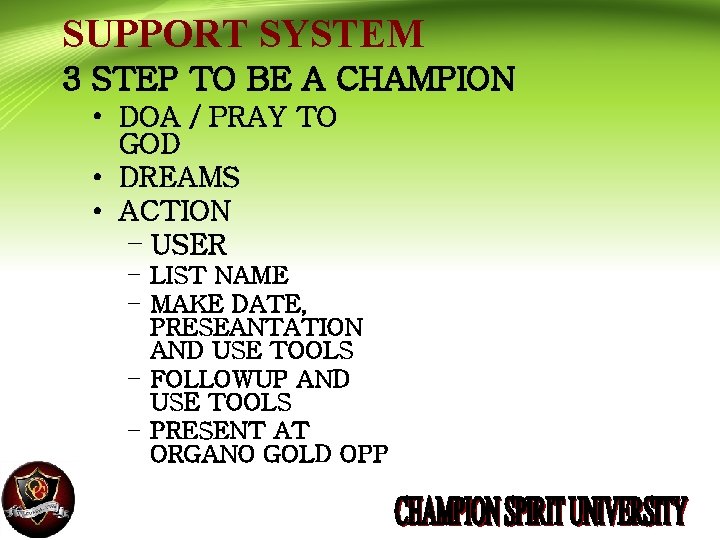 SUPPORT SYSTEM 3 STEP TO BE A CHAMPION • DOA / PRAY TO GOD