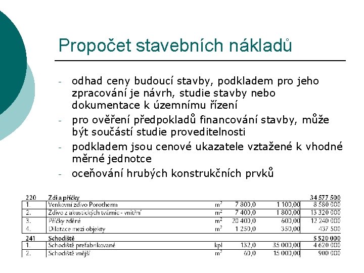 Propočet stavebních nákladů - - odhad ceny budoucí stavby, podkladem pro jeho zpracování je