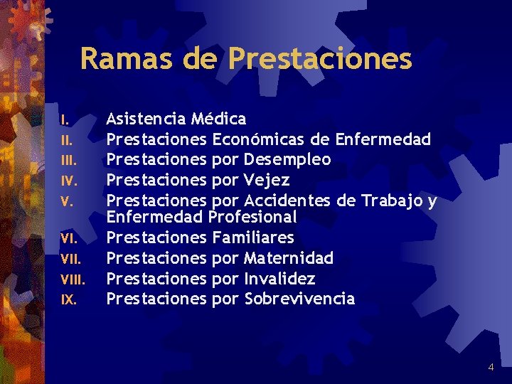 Ramas de Prestaciones I. III. IV. V. VIII. IX. Asistencia Médica Prestaciones Económicas de