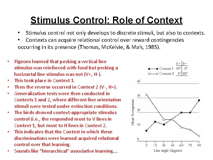 Stimulus Control: Role of Context • Stimulus control not only develops to discrete stimuli,