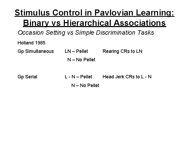 Stimulus Control in Pavlovian Learning: Binary vs Hierarchical Associations Occasion Setting vs Simple Discrimination