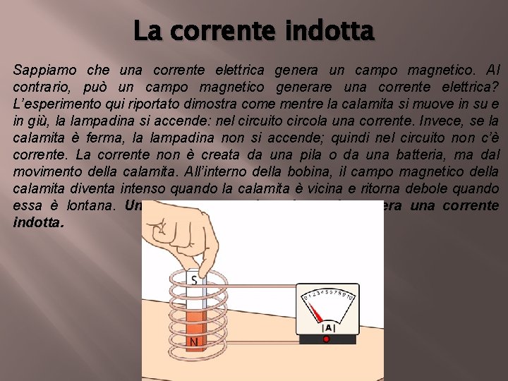 La corrente indotta Sappiamo che una corrente elettrica genera un campo magnetico. Al contrario,