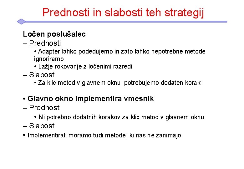 Prednosti in slabosti teh strategij Ločen poslušalec – Prednosti • Adapter lahko podedujemo in