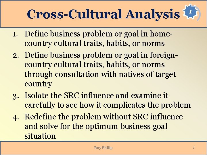 Cross-Cultural Analysis 1 1. Define business problem or goal in homecountry cultural traits, habits,