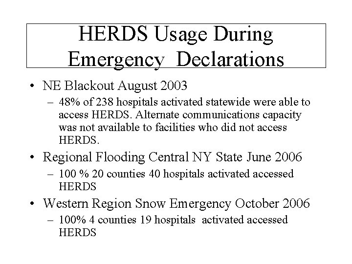 HERDS Usage During Emergency Declarations • NE Blackout August 2003 – 48% of 238