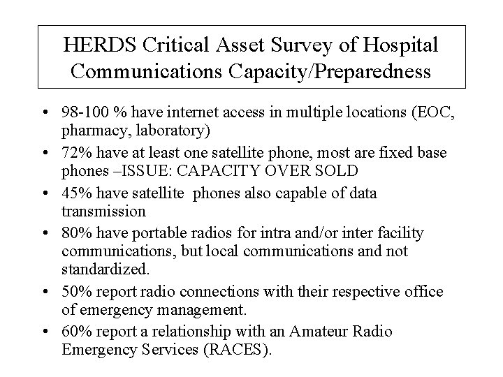 HERDS Critical Asset Survey of Hospital Communications Capacity/Preparedness • 98 -100 % have internet