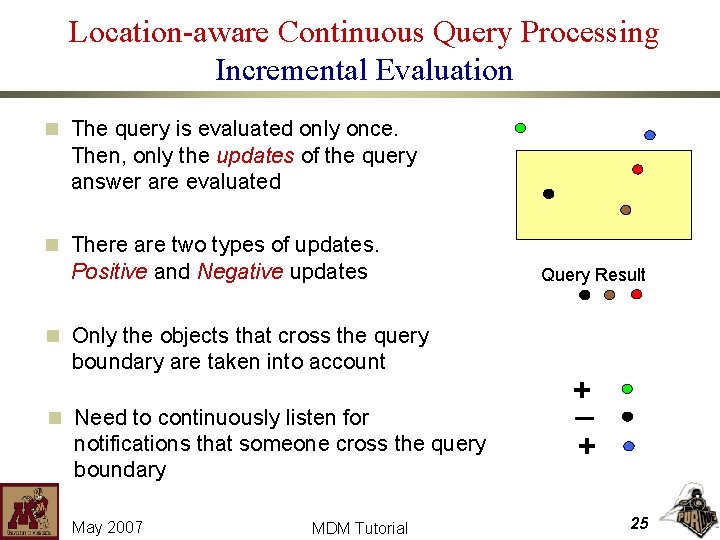 Location-aware Continuous Query Processing Incremental Evaluation n The query is evaluated only once. Then,