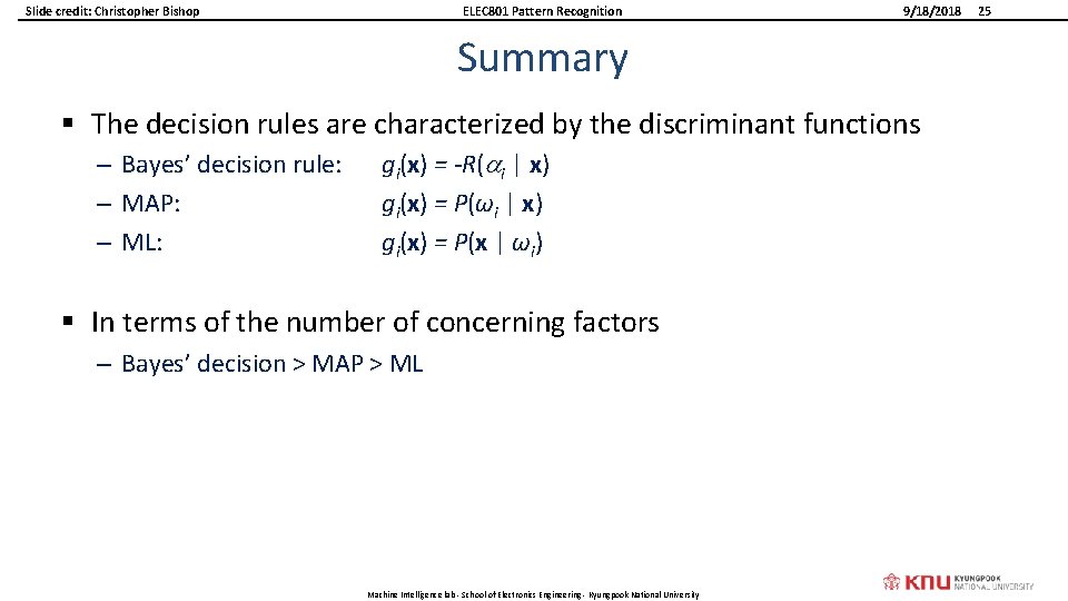 Slide credit: Christopher Bishop ELEC 801 Pattern Recognition 9/18/2018 Summary § The decision rules