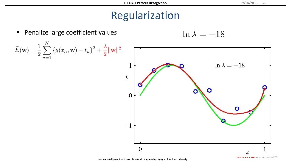 ELEC 801 Pattern Recognition Regularization § Penalize large coefficient values Machine Intelligence lab -