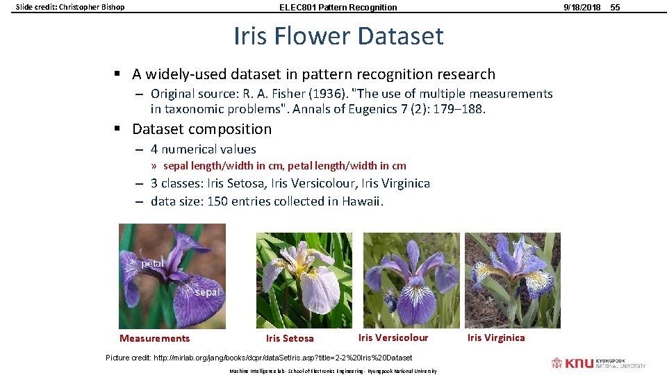 Slide credit: Christopher Bishop ELEC 801 Pattern Recognition 9/18/2018 Iris Flower Dataset § A