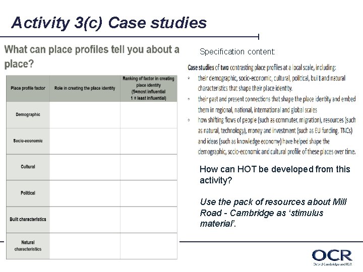 Activity 3(c) Case studies Specification content: How can HOT be developed from this activity?