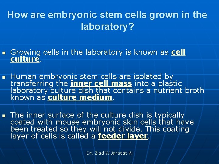 How are embryonic stem cells grown in the laboratory? n n n Growing cells