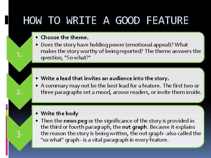 HOW TO WRITE A GOOD FEATURE 1. • Choose theme. • Does the story