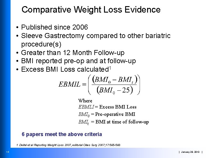 Comparative Weight Loss Evidence • Published since 2006 • Sleeve Gastrectomy compared to other