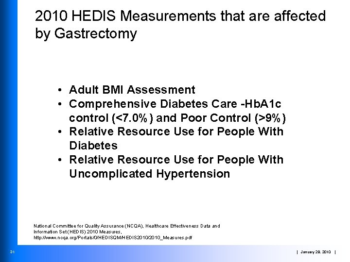 2010 HEDIS Measurements that are affected by Gastrectomy • Adult BMI Assessment • Comprehensive